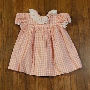 Polly Flinders Vintage Pink Gingham Baby Dress with Lace Collar